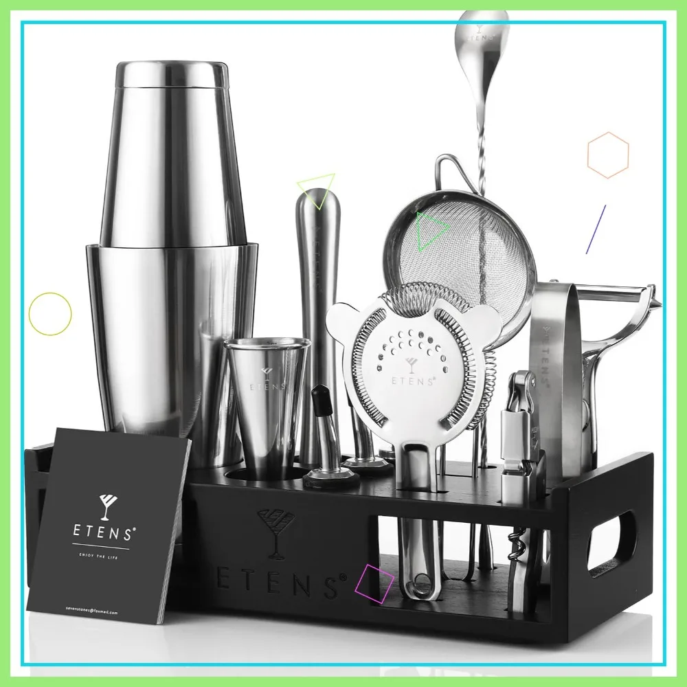 

15-Piece Cocktail Shaker Set with Wood Stand: Boston Shaker, Jigger, Strainer, Opener & Spoon for Home Bar Mixology
