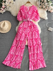 Summer Women Print Draped Romper Female Vintage V-Neck Short Puff Sleeve High Waist Pleated Wide Leg Jumpsuits Female Casual New