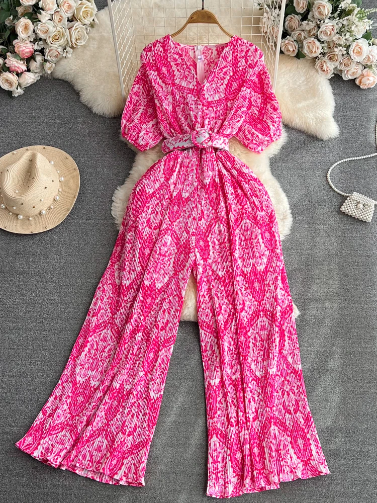 Summer Women Print Draped Romper Female Vintage V-Neck Short Puff Sleeve High Waist Pleated Wide Leg Jumpsuits Female Casual New