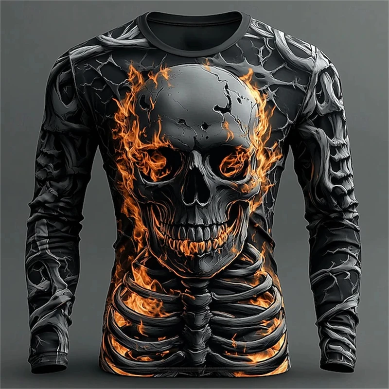 3D Flame Skull Pattern T-Shirt Men's Long-Sleeve Casual Fashion T-Shirt Top Sweatshirt Breathable Streetwear Oversized T-Shirt image 2