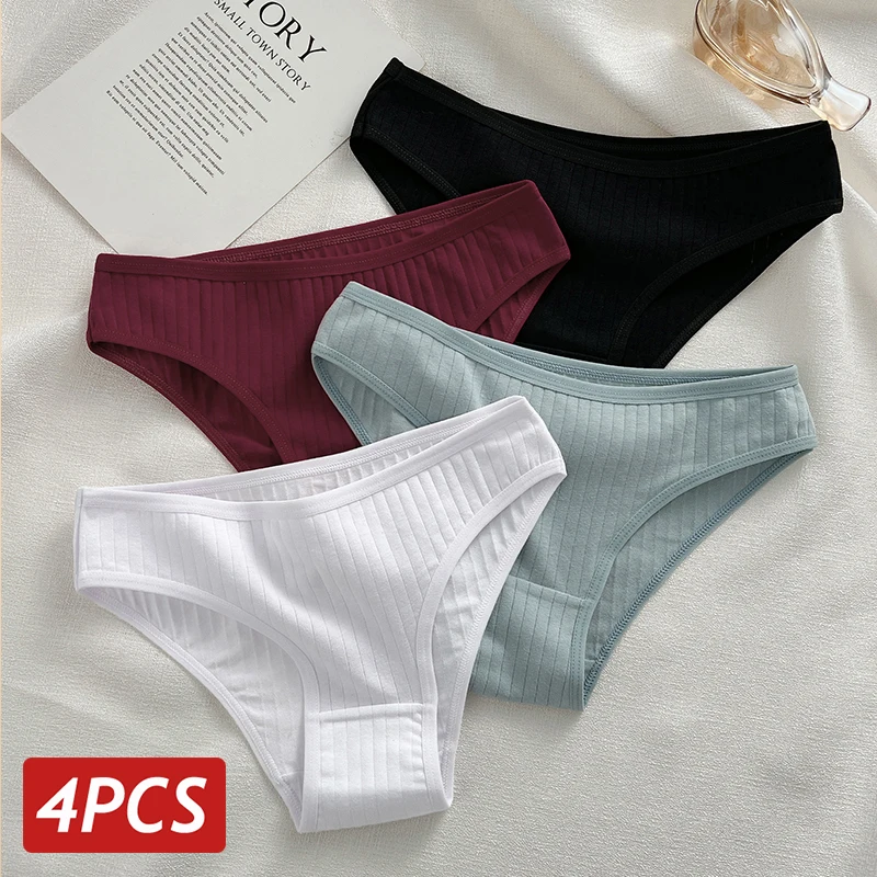 Cotton Ribbed Panties for Women Sexy Low Rise 4PCS/Set Cotton Briefs Solid Color Soft Underwear Female Breathable Lingerie M-XL