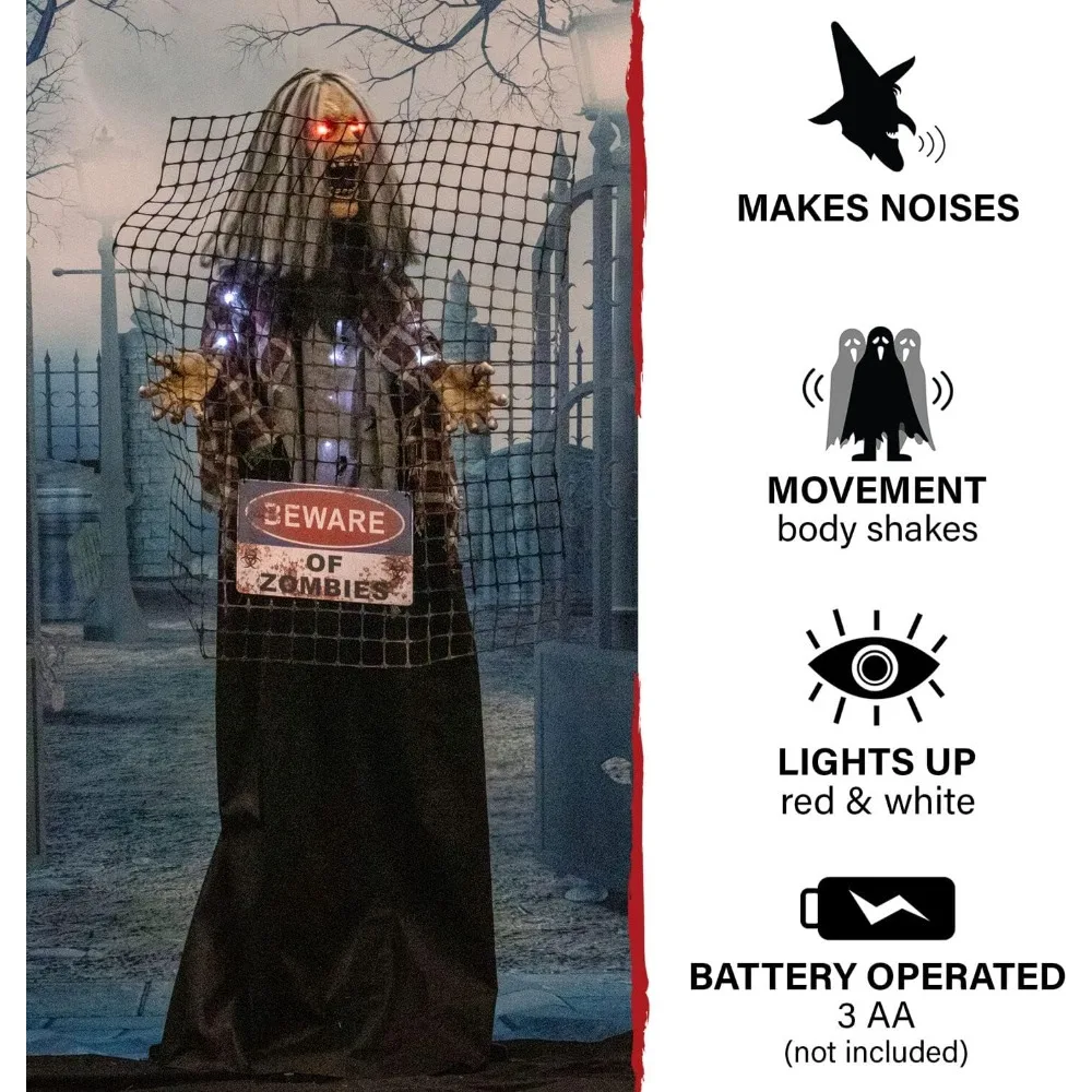 Life-Size Scary Zombie with Electric Fence, Halloween Animatronic with Touch Activated Lights and Sound, Battery Operated Indoor