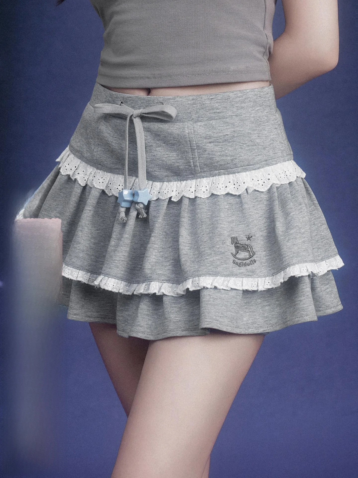 

SagiDolls Grey Embroidered High Waist Skirt Pants Cute Sweet Year Design Cotton Elastic mid Waist Cake Skirt for Girls
