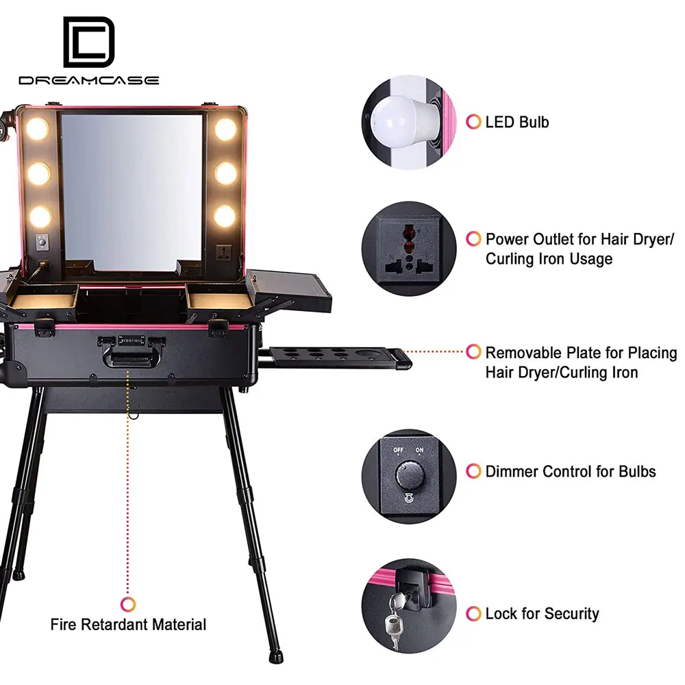 

DreamCase Best Price Beauty Makeup Case Portable Bag Meet beauty Led Light Mirror Makeupcase