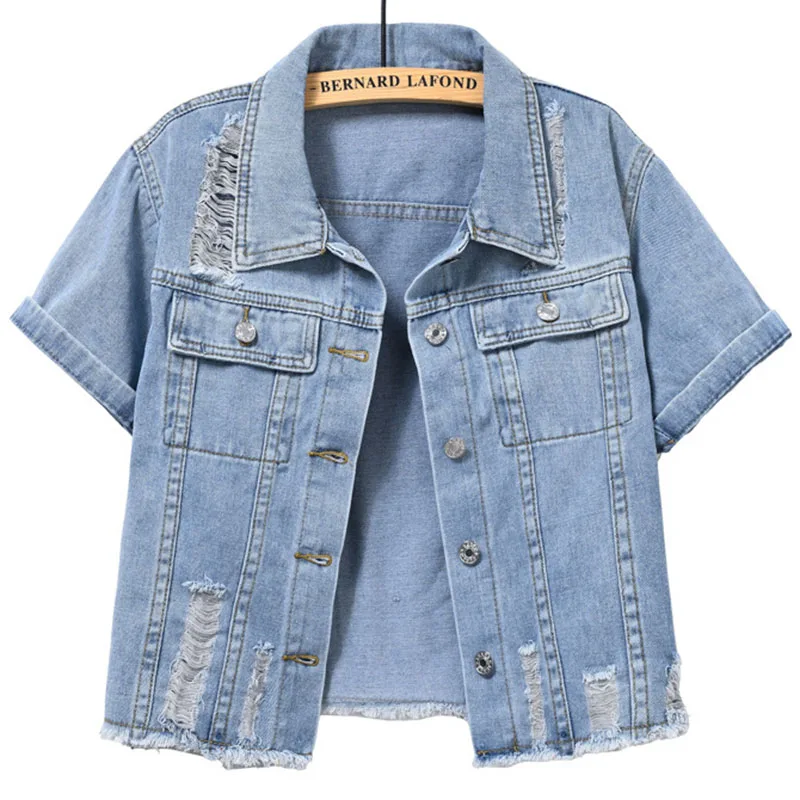 

Vintage Denim Jacket Women's Clothing 2024 Summer Short Sleeved Loose Holes Denim Shirt Female Casual Cowboy Overcoat Tops