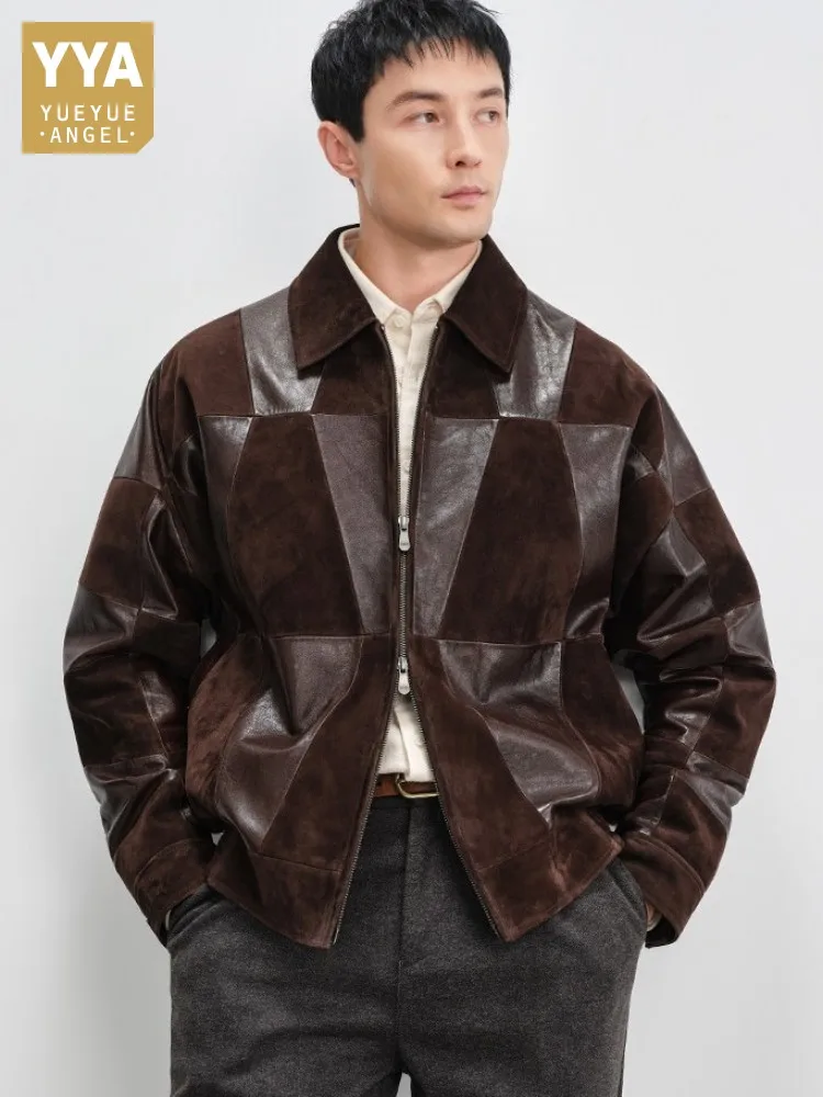 High Street Mens Genuine Leather Jacket Retro Spliced Harajuku Loose Fit Casual Coat High Quality Autumn Sheepskin Jackets Male