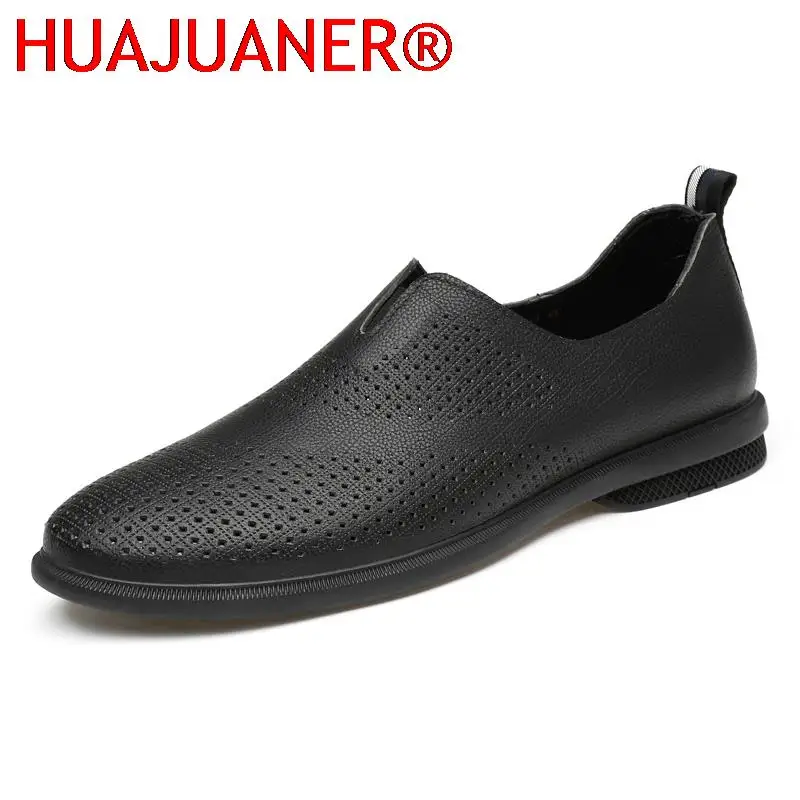 Genuine Leather Slip on Men Shoes Hollow Out Breathable Business Oxfords Man Moccasins Mens Dress Shoes Casual Driving Loafers