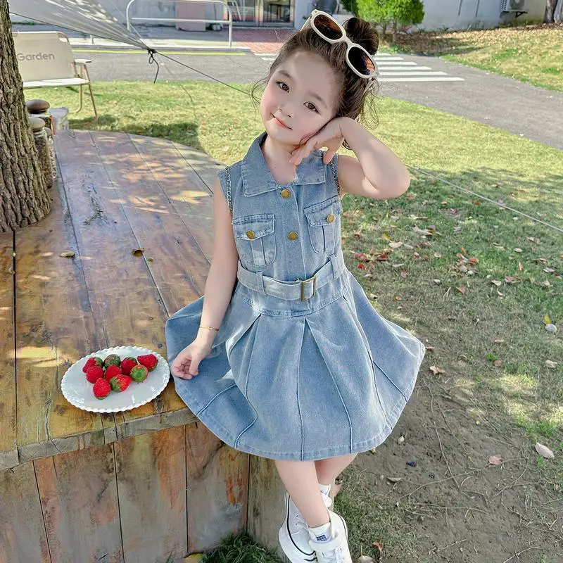 2024 Elegant Fashion Harajuku Slim Fit Children Clothes Loose Casual All Match Vest Skirt Solid Button Sleeveless Denim Dress