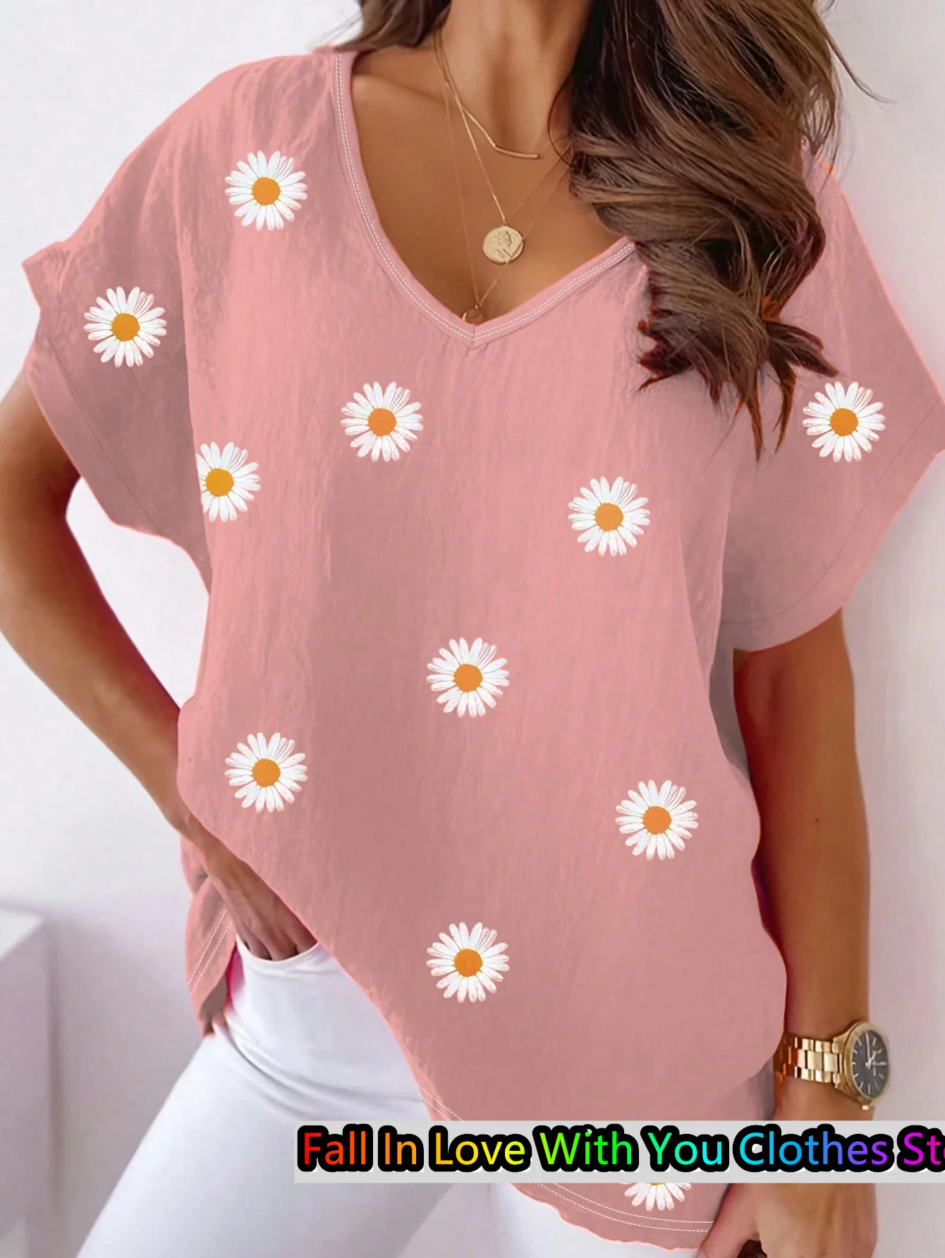 Damen-T-Shirt mit Gänseblümchen-Motiv, lässig, V-Ausschnitt, kurzärmelig, Sommermode, lässig, locker, übergroß, Tops, tägliche Damenbekleidung