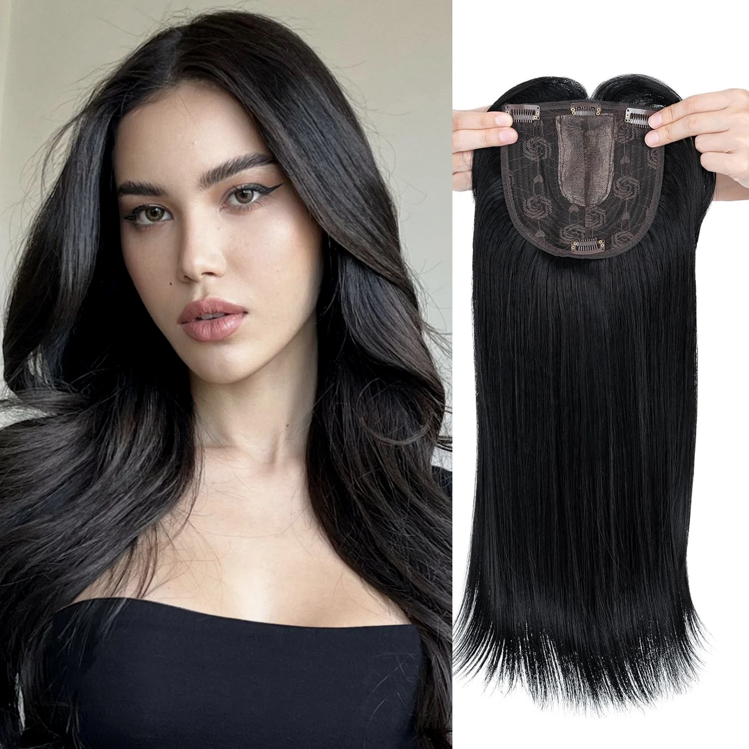 18 Inch Synthetic Hair Toppers for Women with Thinning Hair Black Clip in Hairpiece Ladies Toppers Hair Pieces for Women