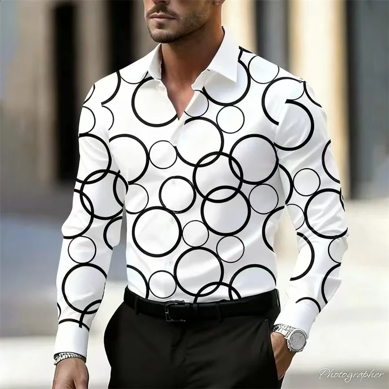 New men's round gradient casual fashion shirt, button up shirt, long sleeved, business casual, daily wear, lapel shirt