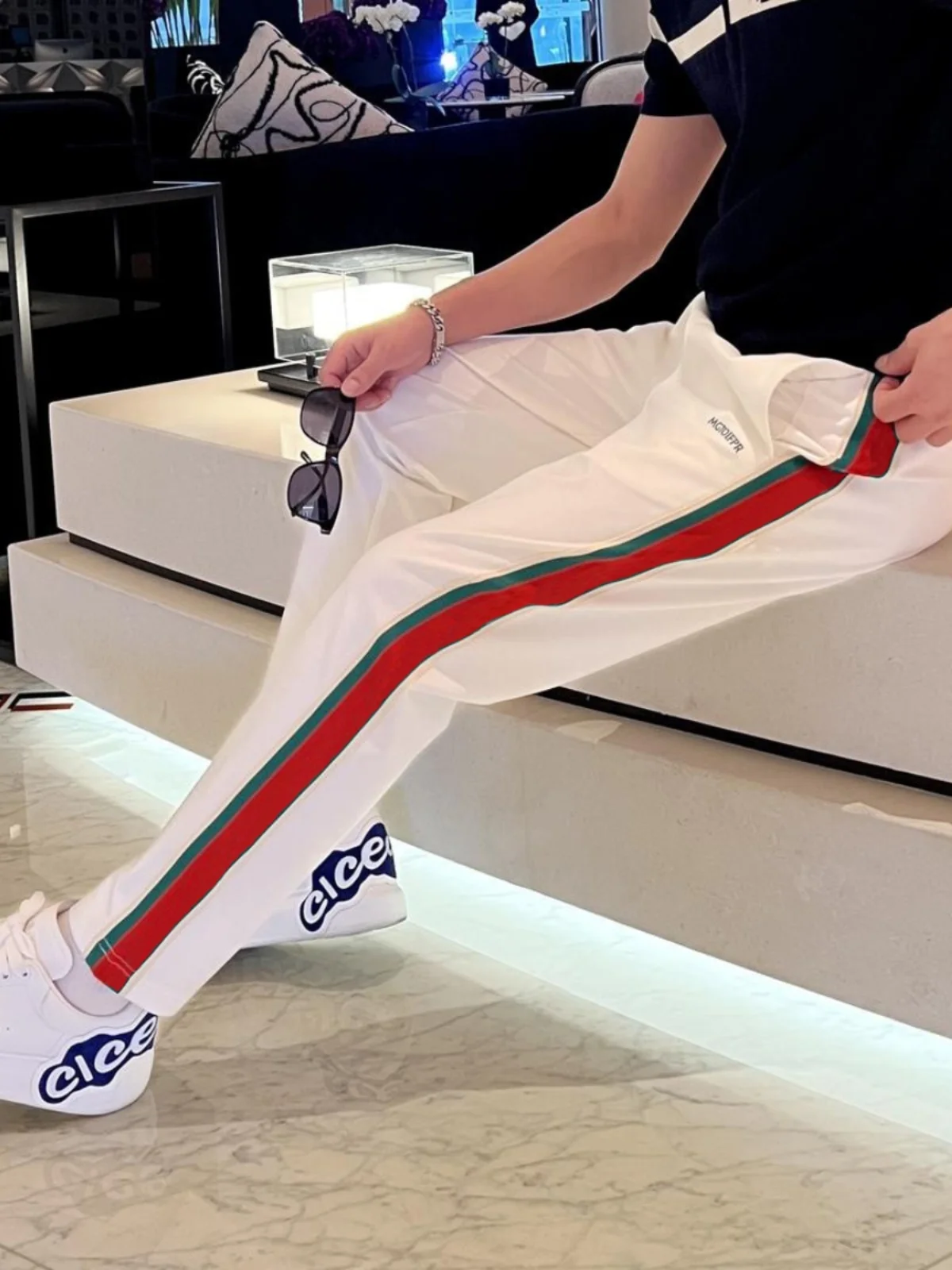 

Summer 2025 High-End Embroidered Letter Striped Slim Fit Casual Pants White Men's Faionable Straight Leg Trousers