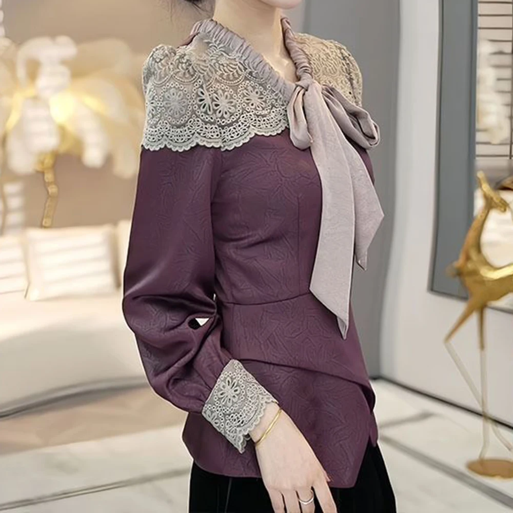 Stylish shirts, women's new autumn and winter, light luxury, high-end, popular lace streamer long-sleeved tops this year