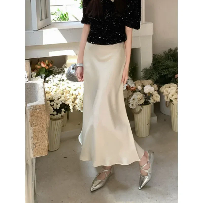 Elegant Women's Skirts High Waist Silk Satin A-line Skirt Lady Fashion Solid Color Purple Long Skirts for Women Fashion 2024