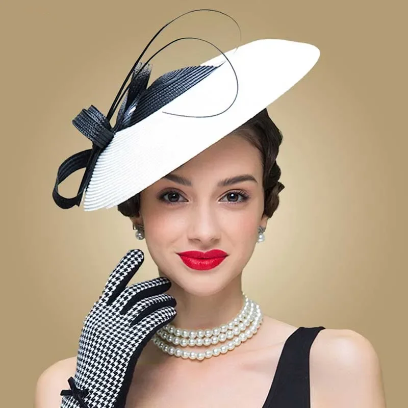 New Fascinators Black White Weddings Pillbox Hat For Women Church Hat Sraw Fedora Black Wide Ladies Dress Sinamay Derby Hats