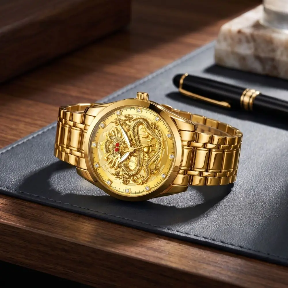 Luxury Stainless Steel Band Men's Watch Luminous Gold Color Dragon Pattern Clock Ultra-Thin Waterproof Quartz Watch Women