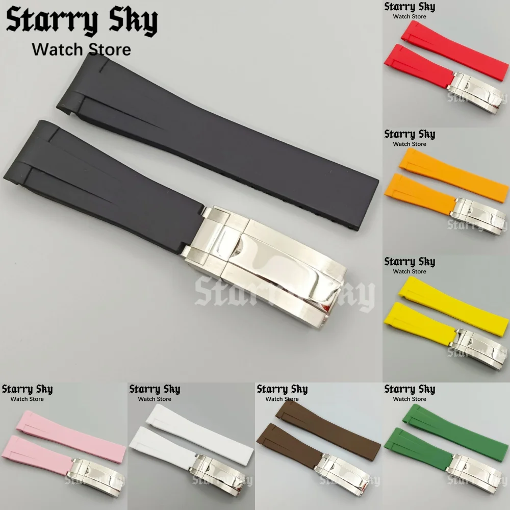 

Мужские изогнутые резиновые ремешки высокого качества «Звездное небо» 20 мм с спортивным браслетом, серебряная складная пряжка, ремешок на запястье, аксессуар для часов