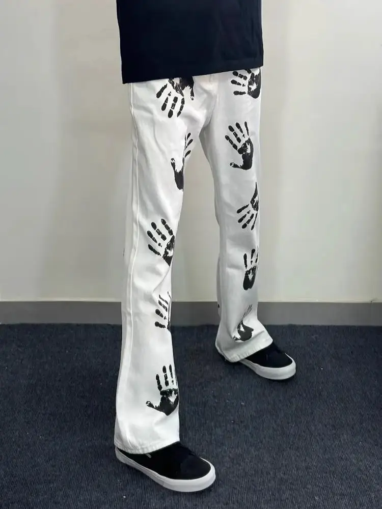 

White Palm Print Flared Straight Leg Jeans American Style Casual Loose Fit Summer Jeans for Teenagers Hip Hop High Street