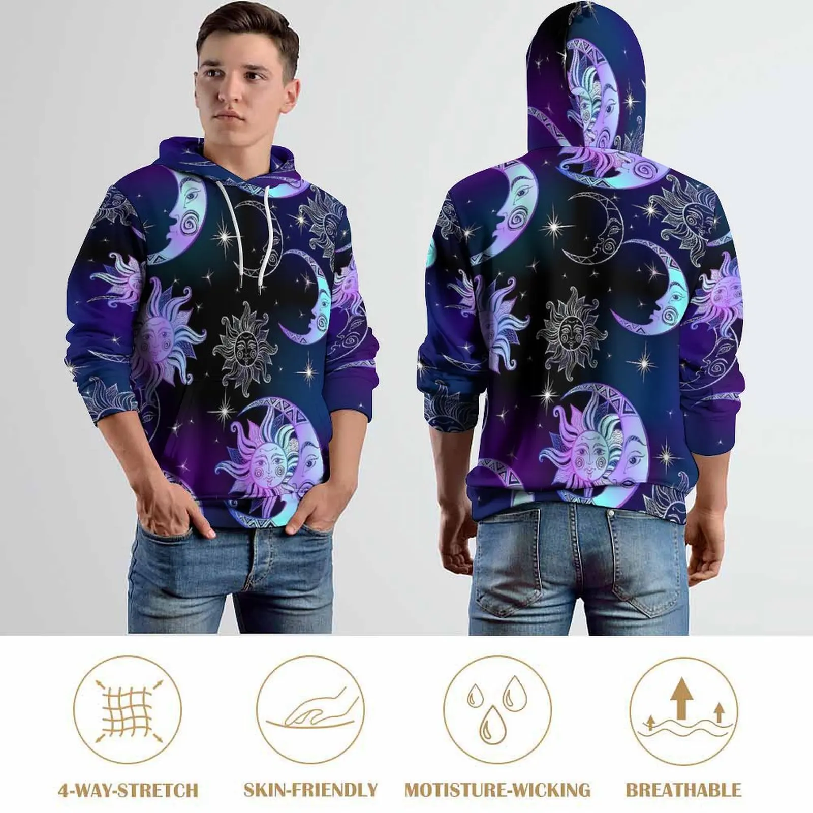 Grillige paarse maan en ster kosmos hoodies Koreaanse mode casual hoodie lange mouw esthetische bedrukte sweatshirts cadeau