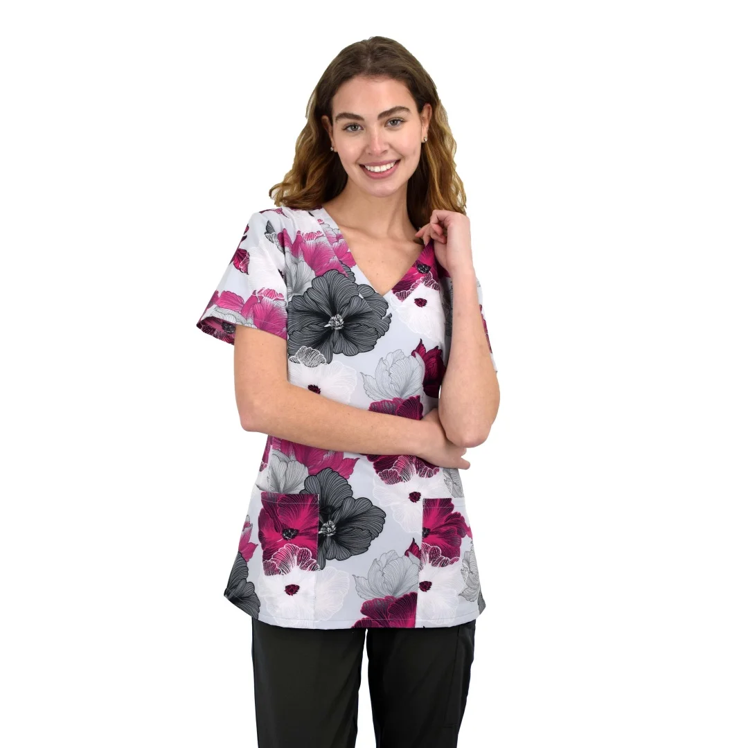 Robes chirurgicales imprimées fantaisie rétro pour femmes, gommages dentaires Micro élastiques à col en v, uniforme à manches courtes, hauts de dentiste médical pour femmes