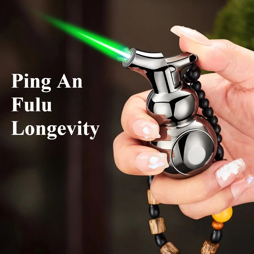 Internet celebrity Fulu Hulu Zhaocai unzipped double-sided rotating metal inflatable green fire windproof lighter