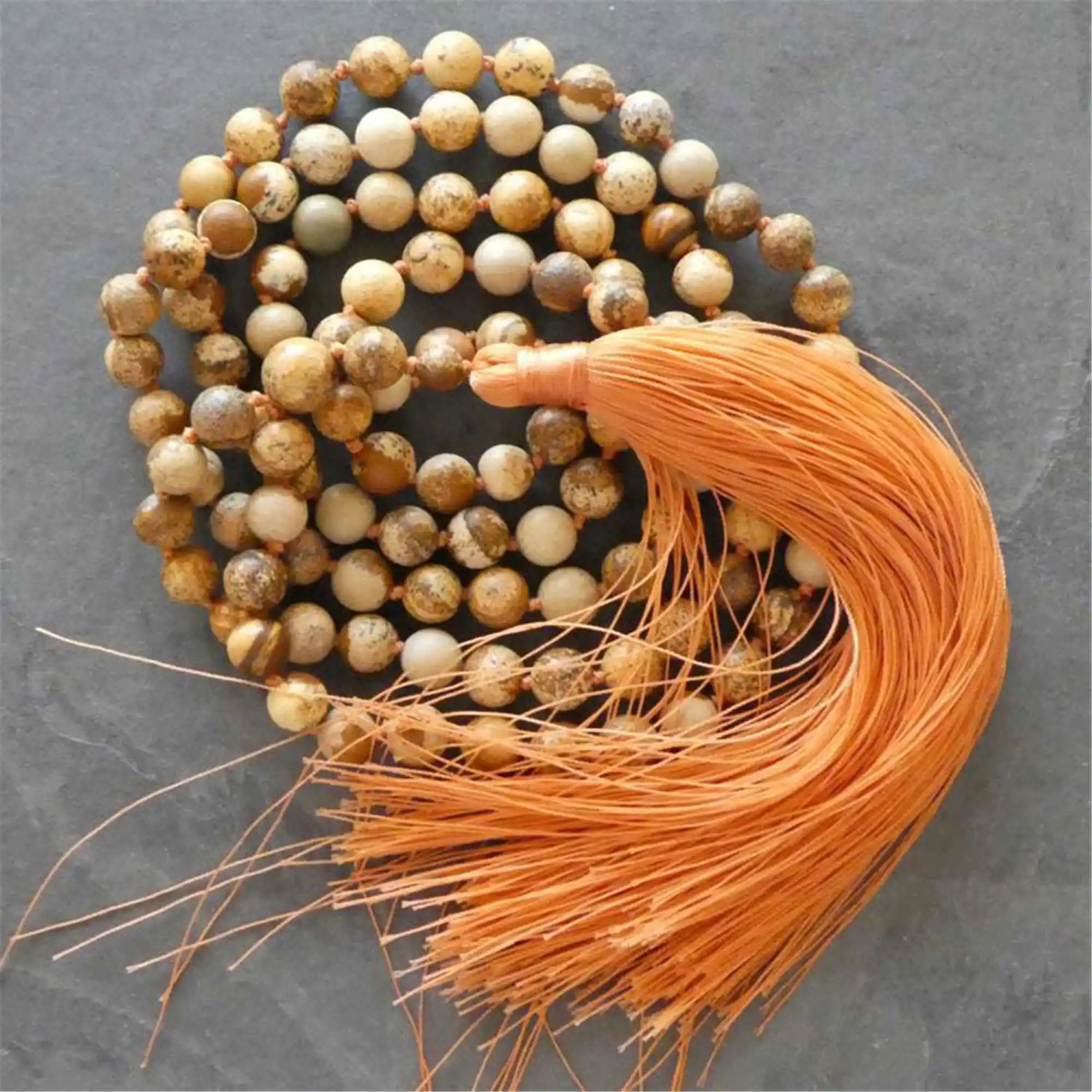 

6mm Picture Stone Knot Tassel 108 Bead Mala bracelet Metal Opera length Couples Zen Meditation Stone accessory Yoga Yoga