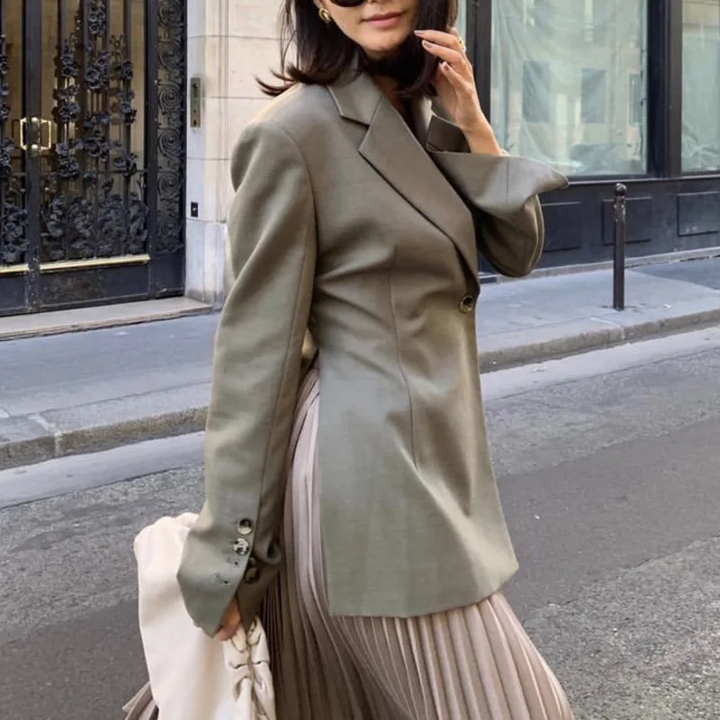 Eeovni 2025 elegante blazer feminino cor sólida gola entalhada botão reunido cintura design jaqueta senhora do escritório outono novas roupas