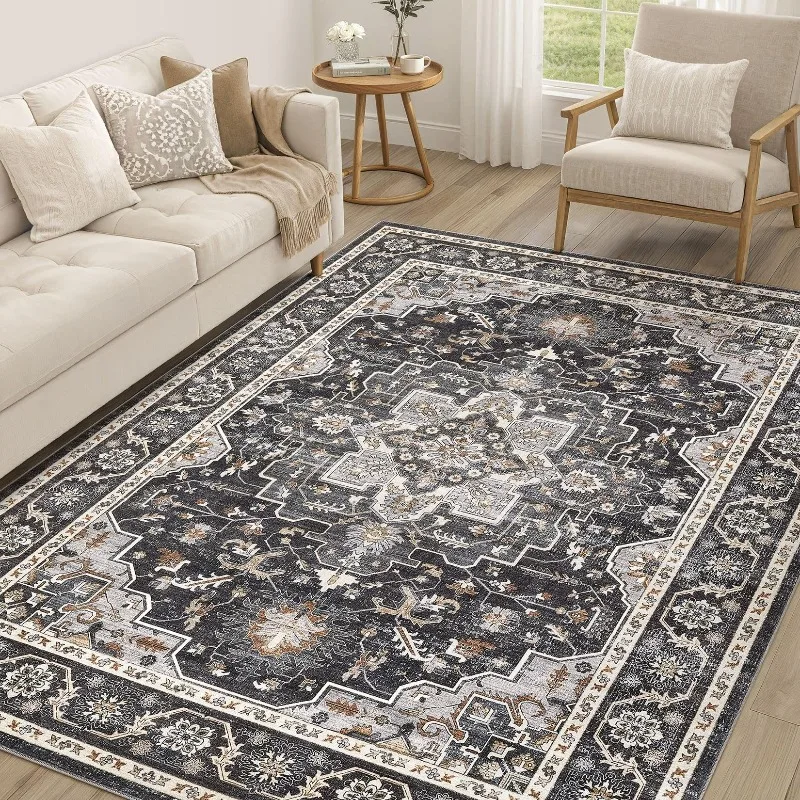Vintage Persian Style Light Beige Pattern Large Area Rug Fashion Retro Living Room Carpet Non-Slip Machine Washable Floor Mat