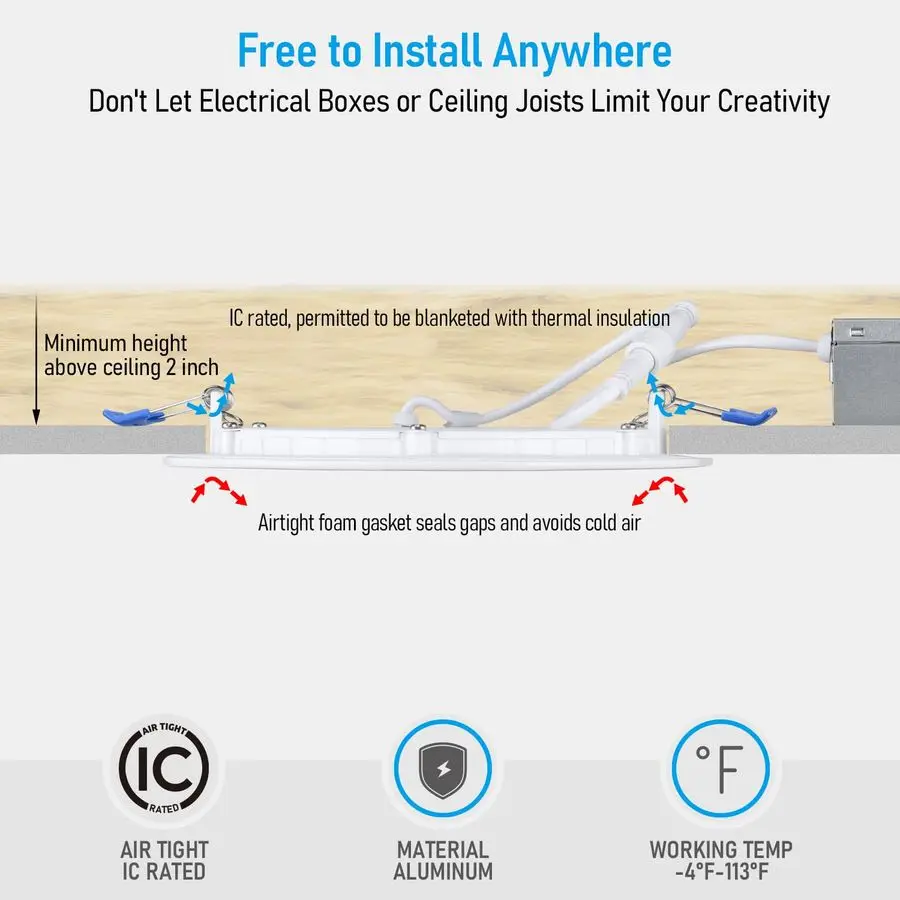 Iluminación empotrable LED delgada de 6 pulgadas con caja de conexiones, luz empotrable ultrafina regulable de aluminio CRI90 de 12 W, luz diurna de 5000 K, 1100 L