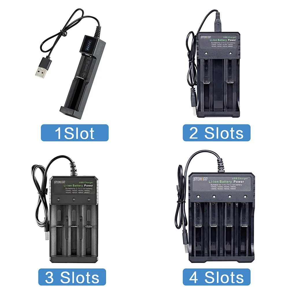 Universal 5V USB Li-ion Battery Charger 1/2/3/4 Slots for 10440 14500 16340 16650 18350 18500 18650 Batteries Safe Auto Cut-off