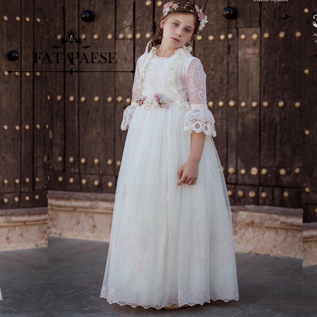 FATAPAESE Long Off-white Communion Princess Flower Girl Dress Cuff-neck Floral Sleeves Cover Back Fairy Mutil-layered Skirt