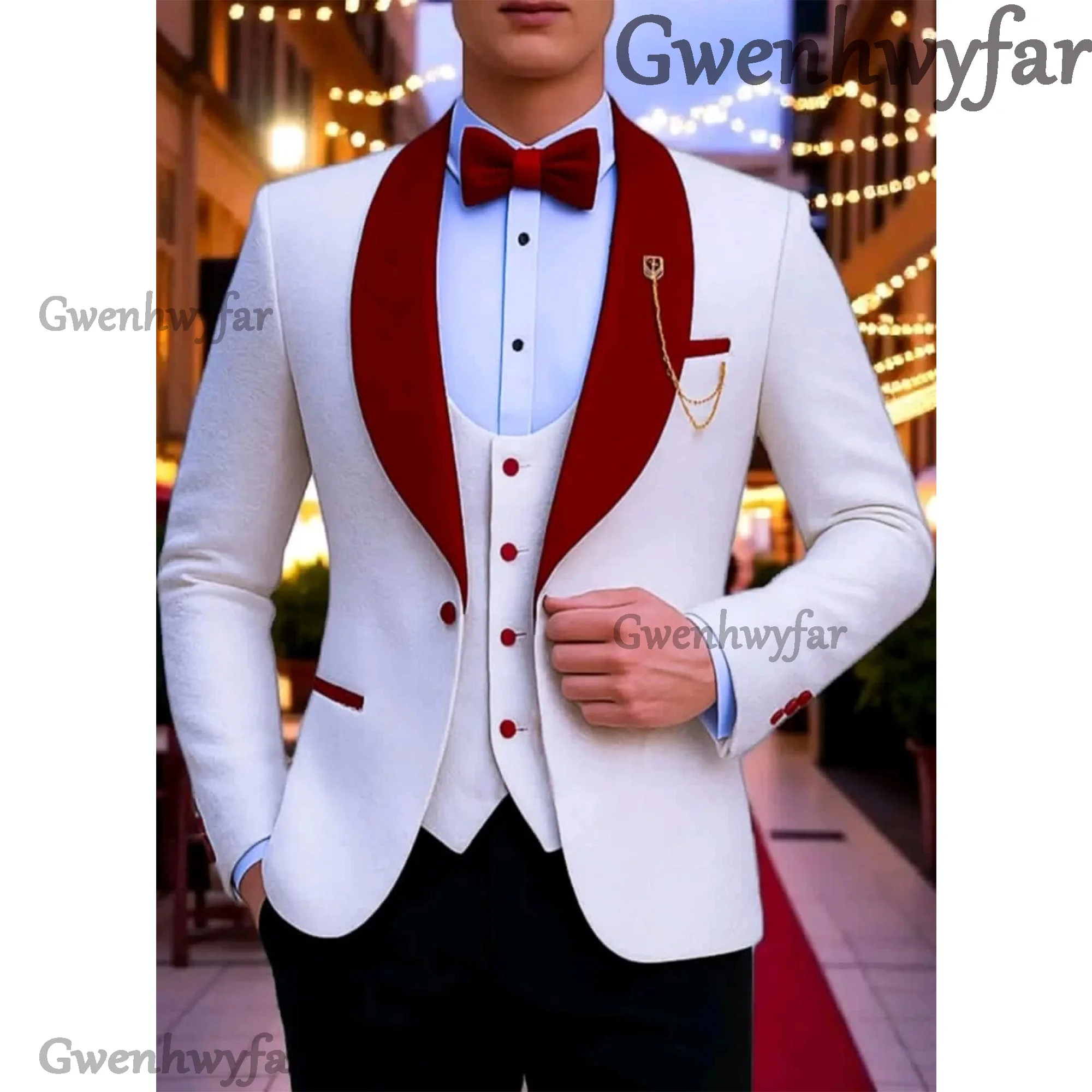 

Gwenhwyfar Classy Men Suits 3 Pieces White Shawl Lapel Jacket Vest Pants Classic Set For Wedding Groom Wedding Business Events
