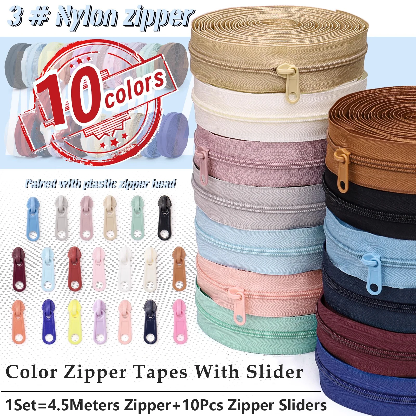 

1/2/3/4/5Set 3# Coloreful Nylon Zipper Tape with Sliders 4.5M Zips + 10Pcs Zip Pulls Garment Zippers Closure Sewing Supplies