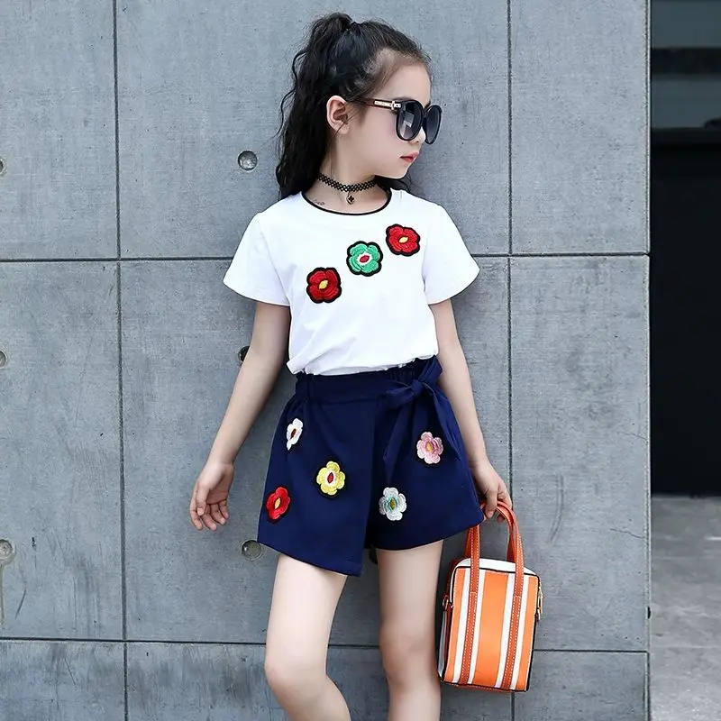 Summer Girls Set Embroidered Cotton Shorts T-shirt Girl Two Piece Suit Fashion Flower Skirt 2 To 4 5 6 7 8 9 10 11 12 Years Old