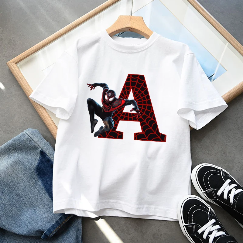 Marvels SpiderMans Miles Morales Boys T Shirt Letter Cotton Clothes Children Tops Summer Breathable Cute Short Sleeve Kids Gifts