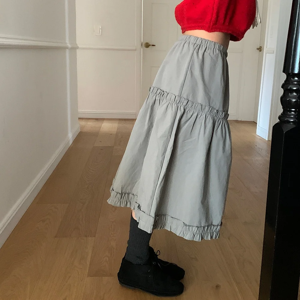 Nimo Home Sweet Japanese Style Casual Wooden Ear High Waist Belted Versatile  Skirt Women's High Waist A-Line Skirt