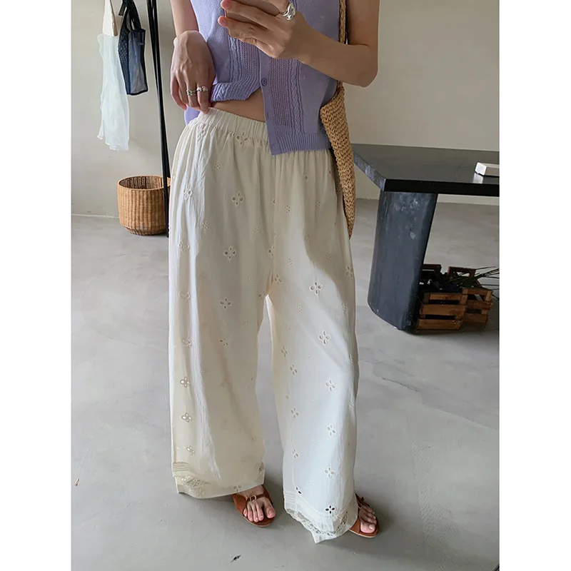Vintage Embroidery Cut-out Slacks Summer 2025 New Lace Panelled Wide-leg Pants
