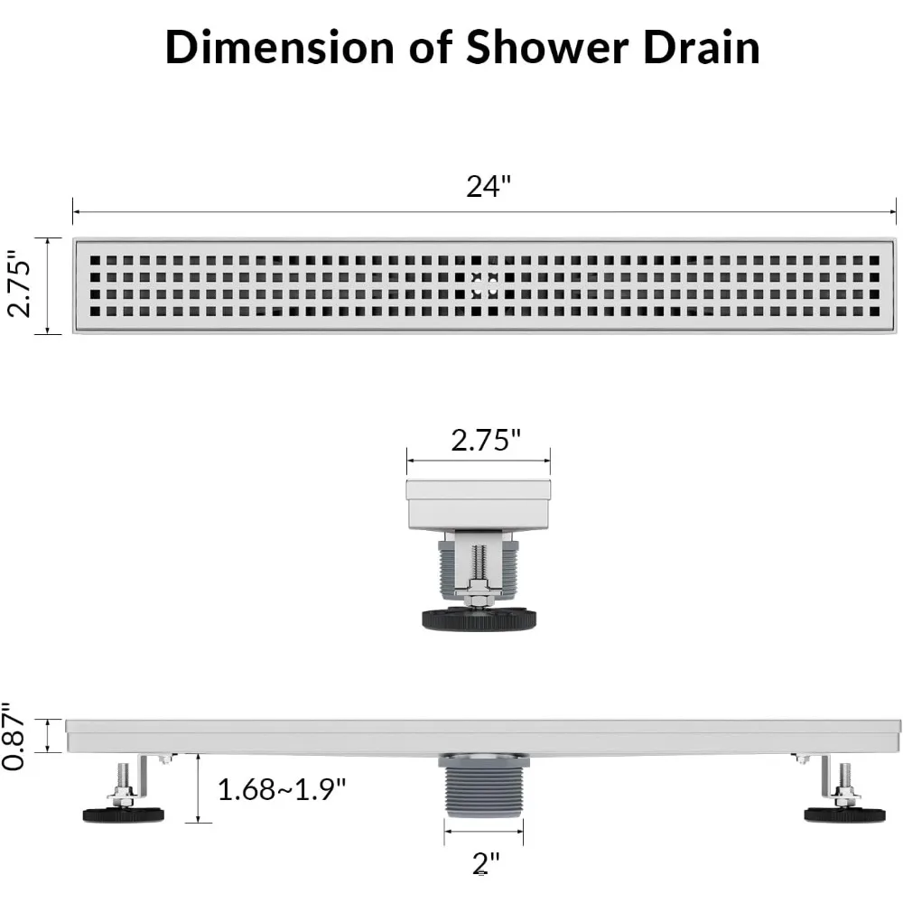 استنزاف دش خطي من الفولاذ المقاوم للصدأ مقاس 24 بوصة مع شبكة قابلة للإزالة ولمسة نهائية من النيكل المصقول، تتضمن الملحقات المعتمدة من CUPC