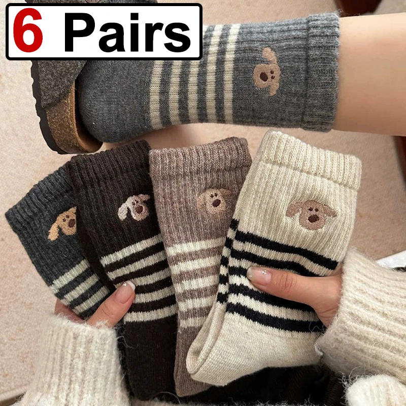 6 Pairs Striped Printed Women Mid Tube Socks Fashionable Cartoon Dog Pattern Autumn Winter Thick Warm Comfortable Casual Socks