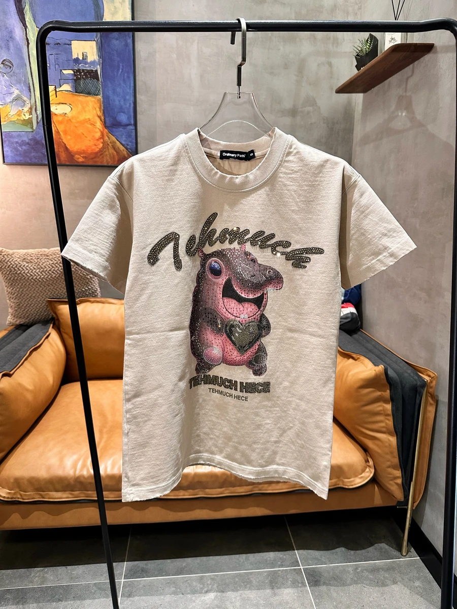 Luxury Trendy Cartoon Hippo Hot Drilling Women Tshirts 2023 New Summer Slimming Cotton Tops Diamonds Cute Short Sleeve T Shirt