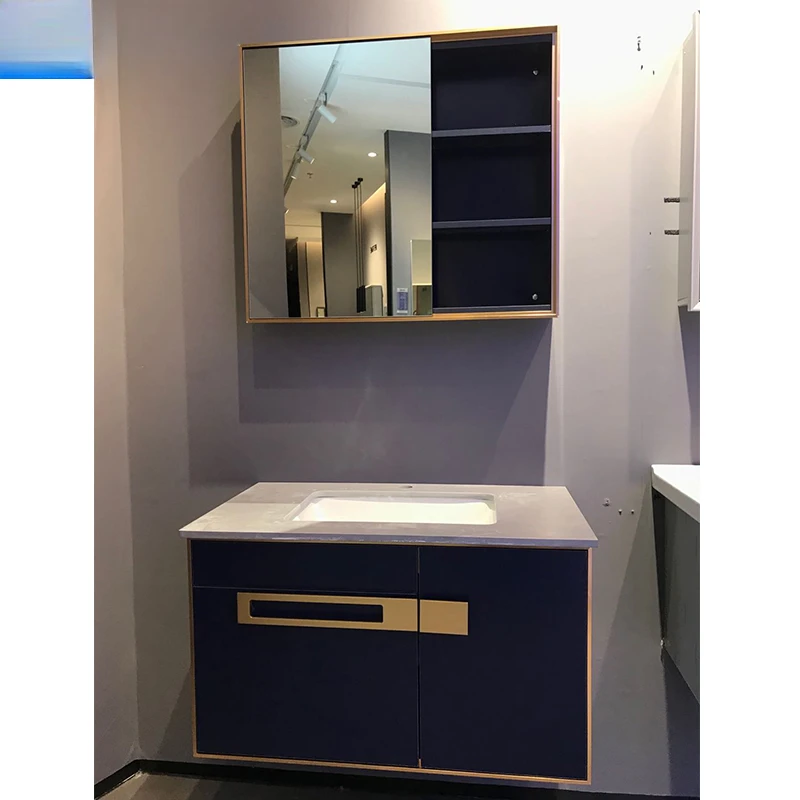 Vanity Wall mounted Aluminum cabinet Slate counter top ceramic basin mirror cabinet waterproof bathroom cabinet