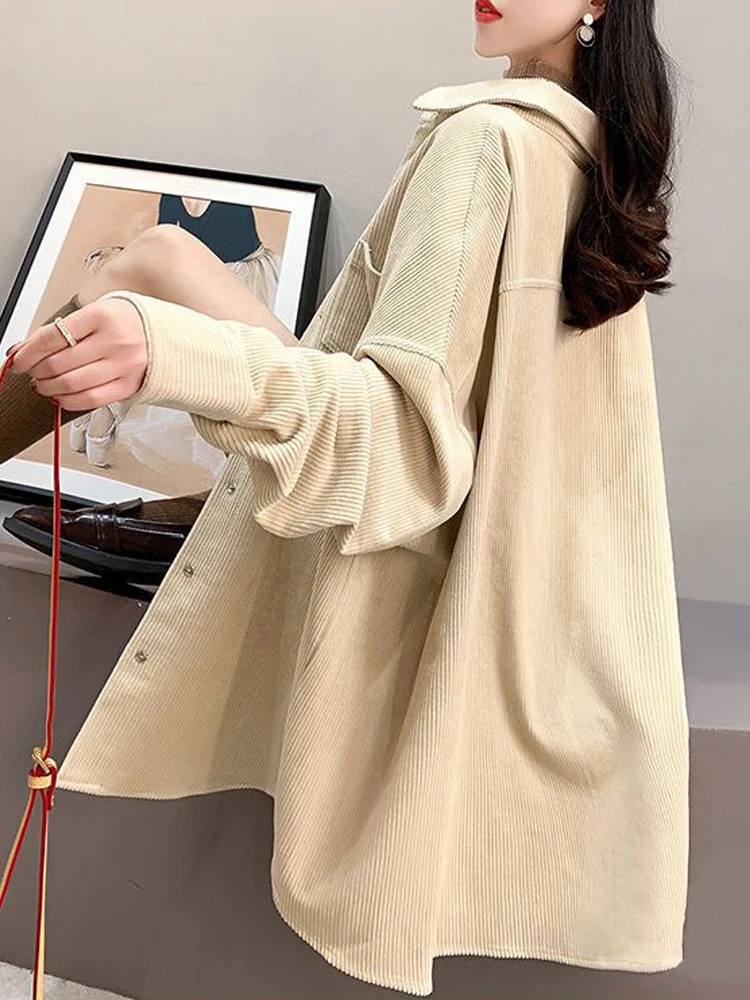 Damska gruba koszula sztruksowa z długim rękawem, luźna bluzka, ciepła zimowa odzież wierzchnia, codzienna odzież do pracy biurowej, płaszcz, beżowo-żółty
