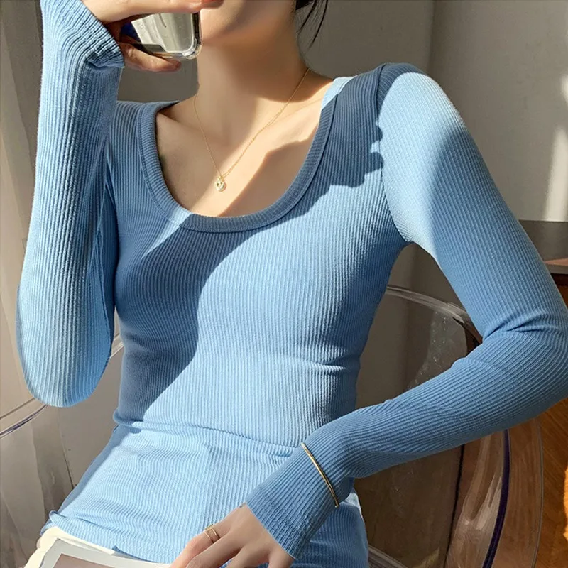 

U-neck pure cotton base shirt women's long sleeved T-shirt autumn and winter new sexy slim fit versatile top