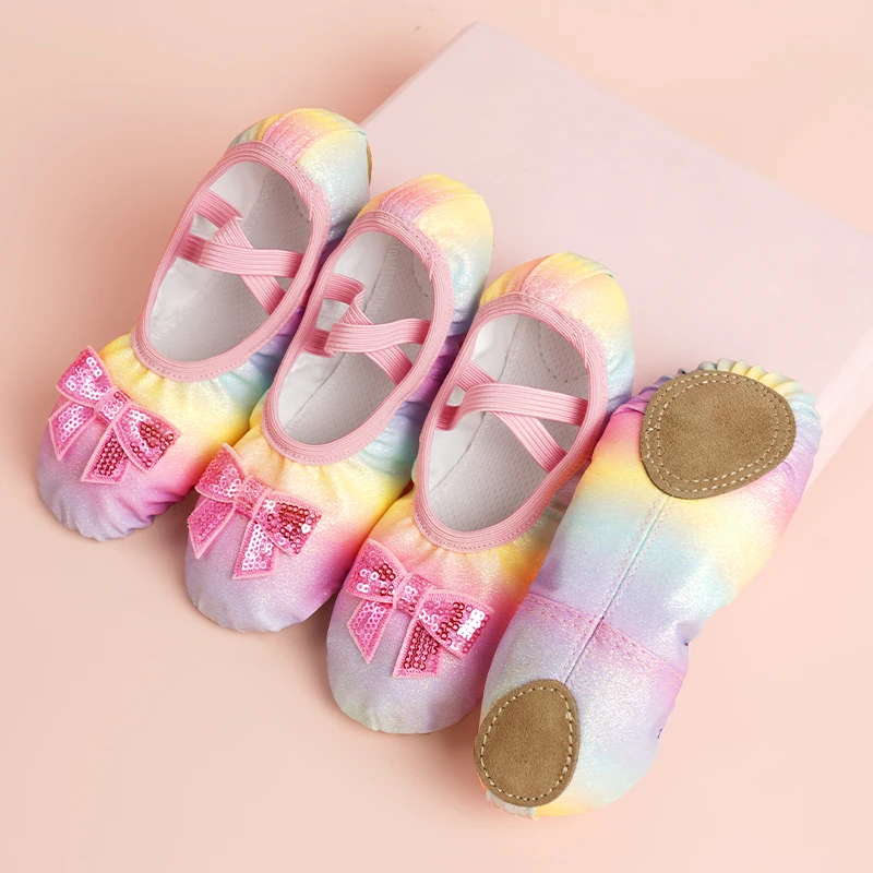 Ballet Shoes Girls Satin Rainbow Sequin Dance Shoes Princess Style Soft Sole Slippers for Kids Chinese Dance Practice Gymnastics