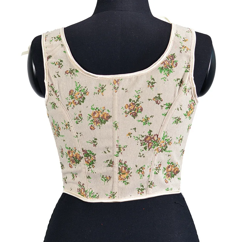 French Lace-up Corset Yellow Rose Printed Stacked Vest Women's Top Fish Bone Tummy Closing Gathering Breast Support Shapewear