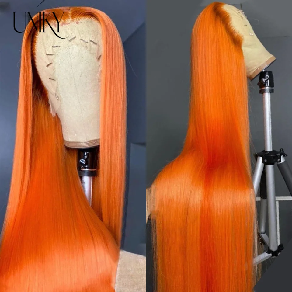 Perruque Bob Lace Front Wig naturelle lisse, cheveux courts et colorés, roux Orange, 13x4, balayage, pour femmes