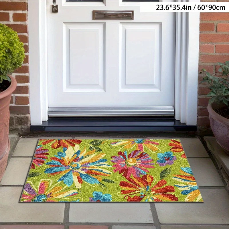 VIKAMA Colorful Boho Floral Outdoor Rug,Non‑Slip Mat,Bright Flower Print Carpet for RV Camper Patio Porch Camping Home Decor Rug
