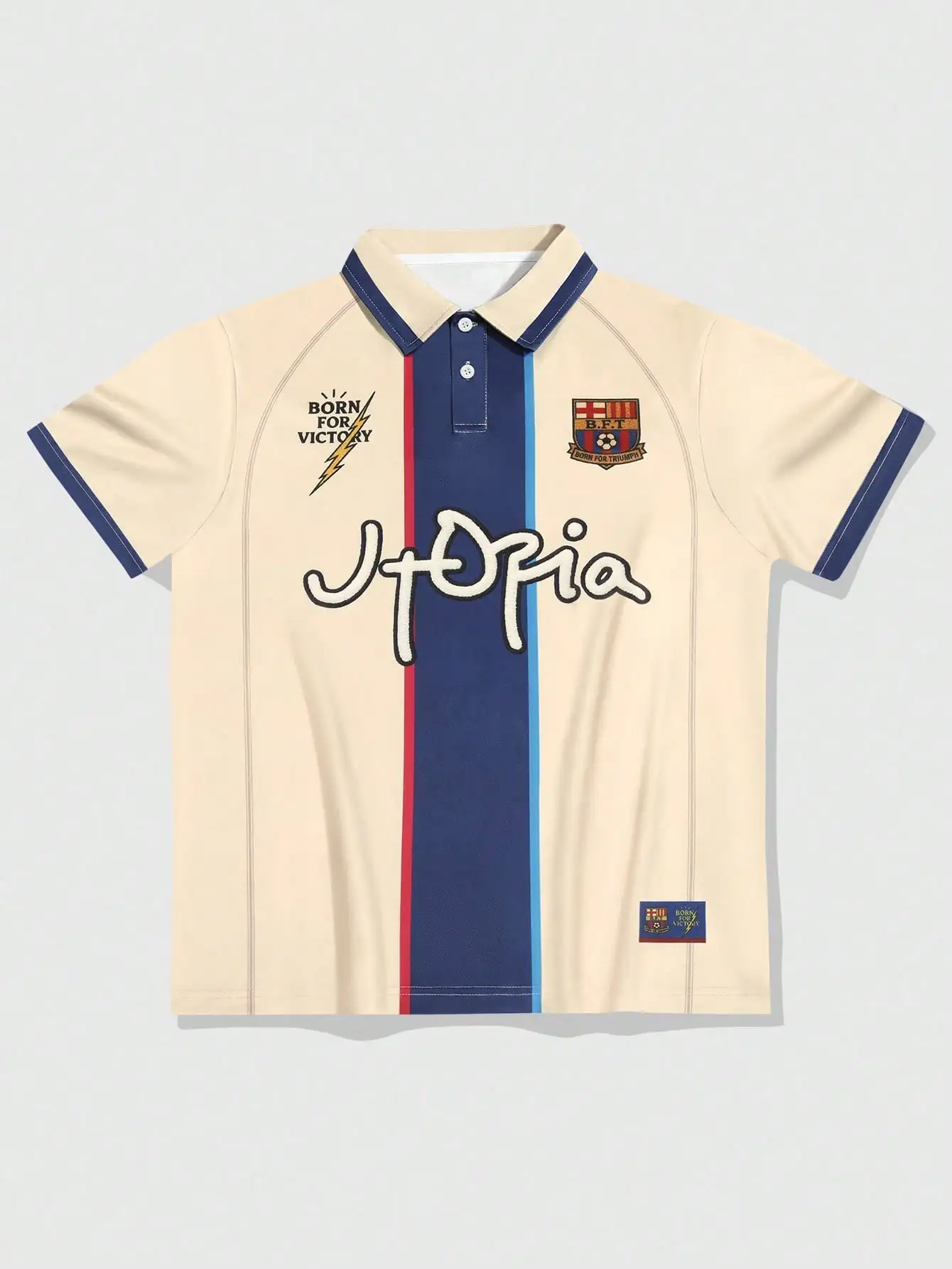 

Men's Cream Colorblock Polo Shirt with Script Graphic and Stripe Design