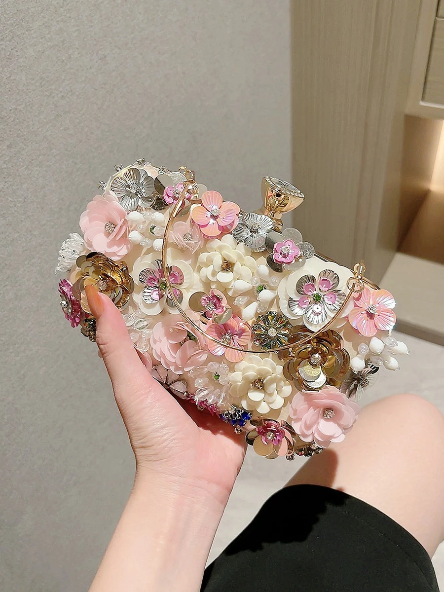 3D Beaded Flower Evening Bag, Elegant Box Clutch Purse, Women\'s Wedding Handbags For Party Prom