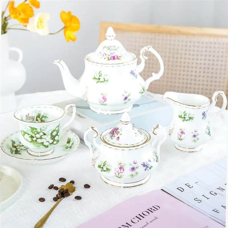 Months Flower Tea Pot European Ceramic Sugar Jar Milk Pot Elegant Afternoon Teaset Coffee Cup Saucer Double-layer Fruit Plate